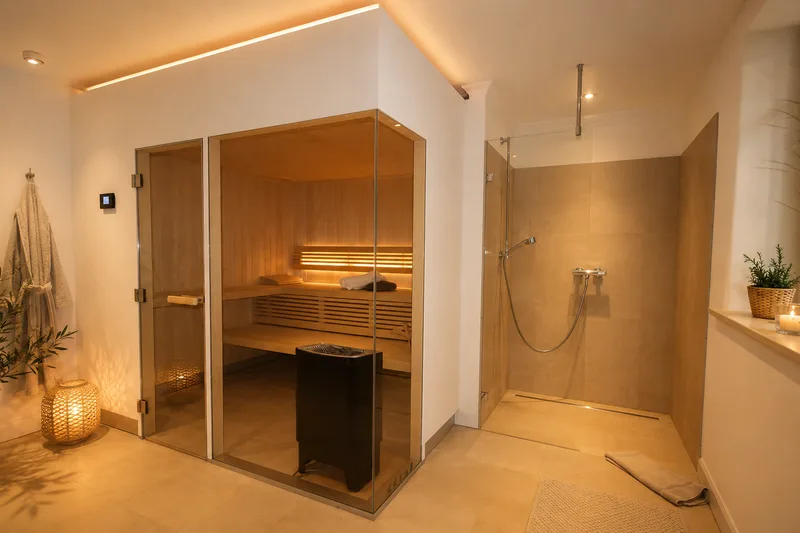 Sauna mit Wellnessdusche im Untergeschoss